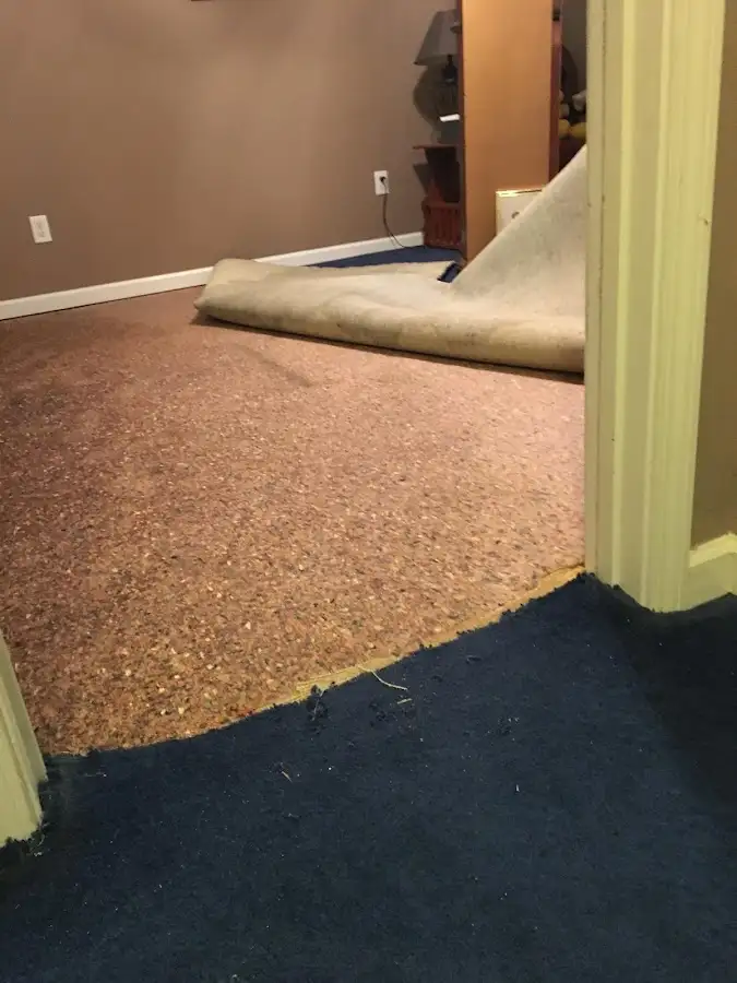Carpet pad removal revealing water damage during Water Mitigation Services in Susquehanna